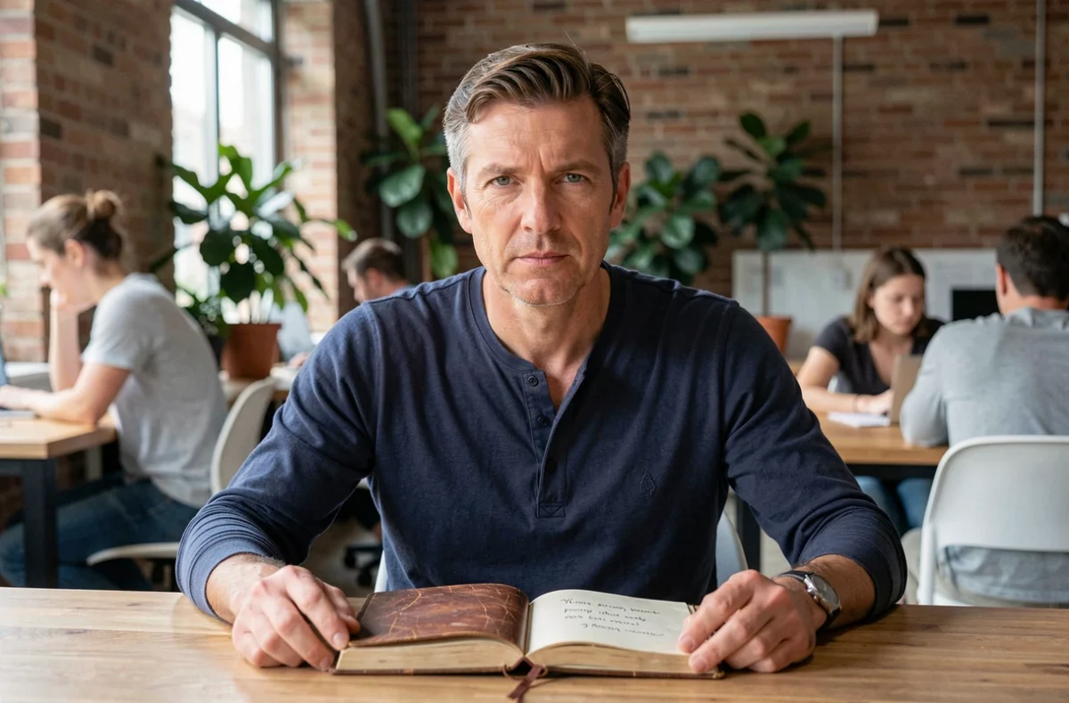 Homme concentré dans un espace de coworking avec un journal ouvert contenant une citation de confiance en soi écrite à la main