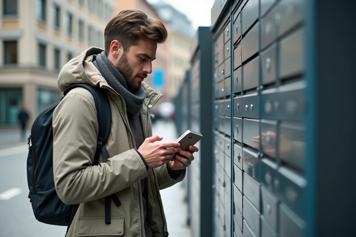 Homme regardant son téléphone devant un casier de livraison urbain