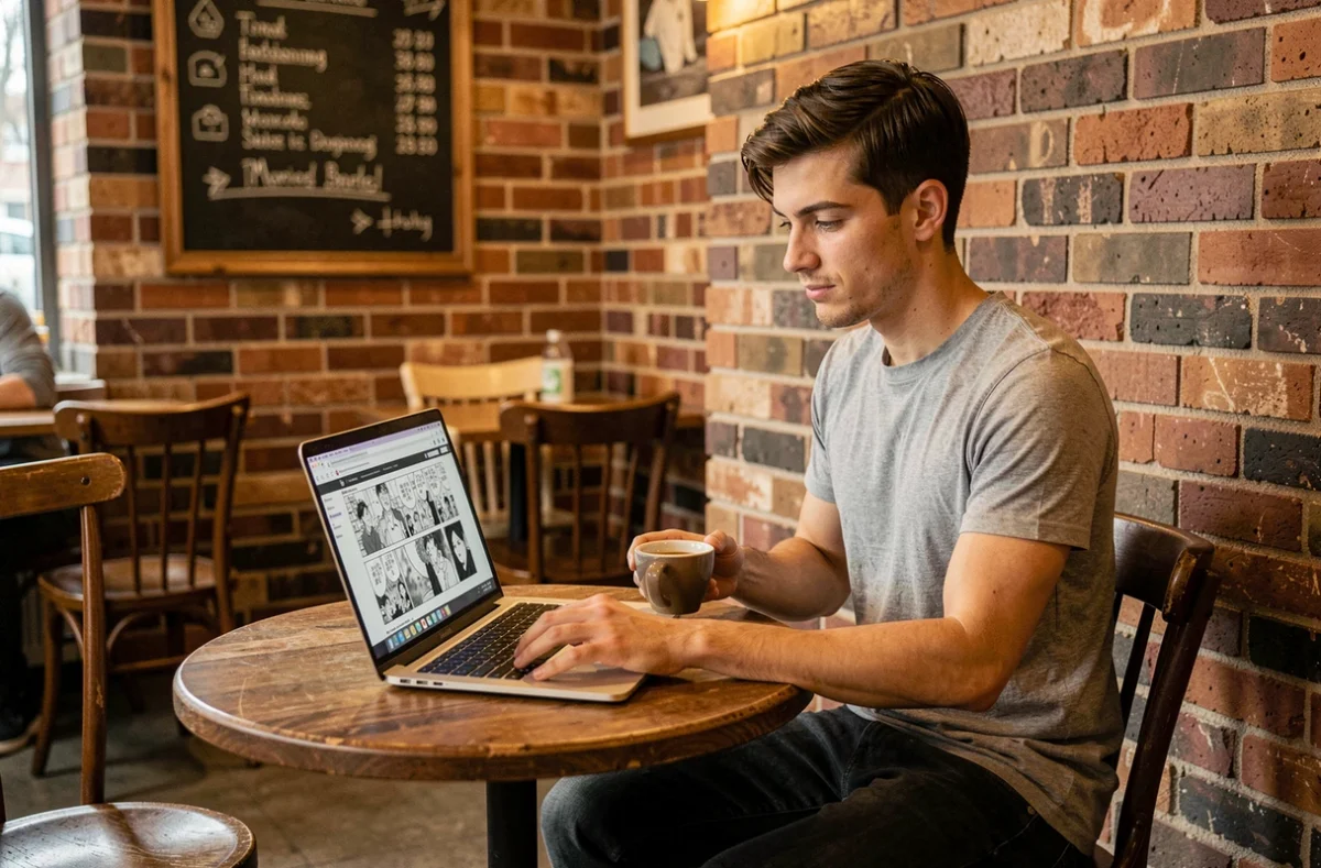 Jeune homme consultant un site de lecture manga gratuit sur son ordinateur portable dans un café urbain