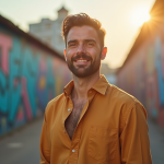 Homme confiant devant un mur urbain ensoleille