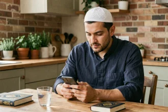 Homme musulman consultant les horaires de salat sur son smartphone dans une cuisine française