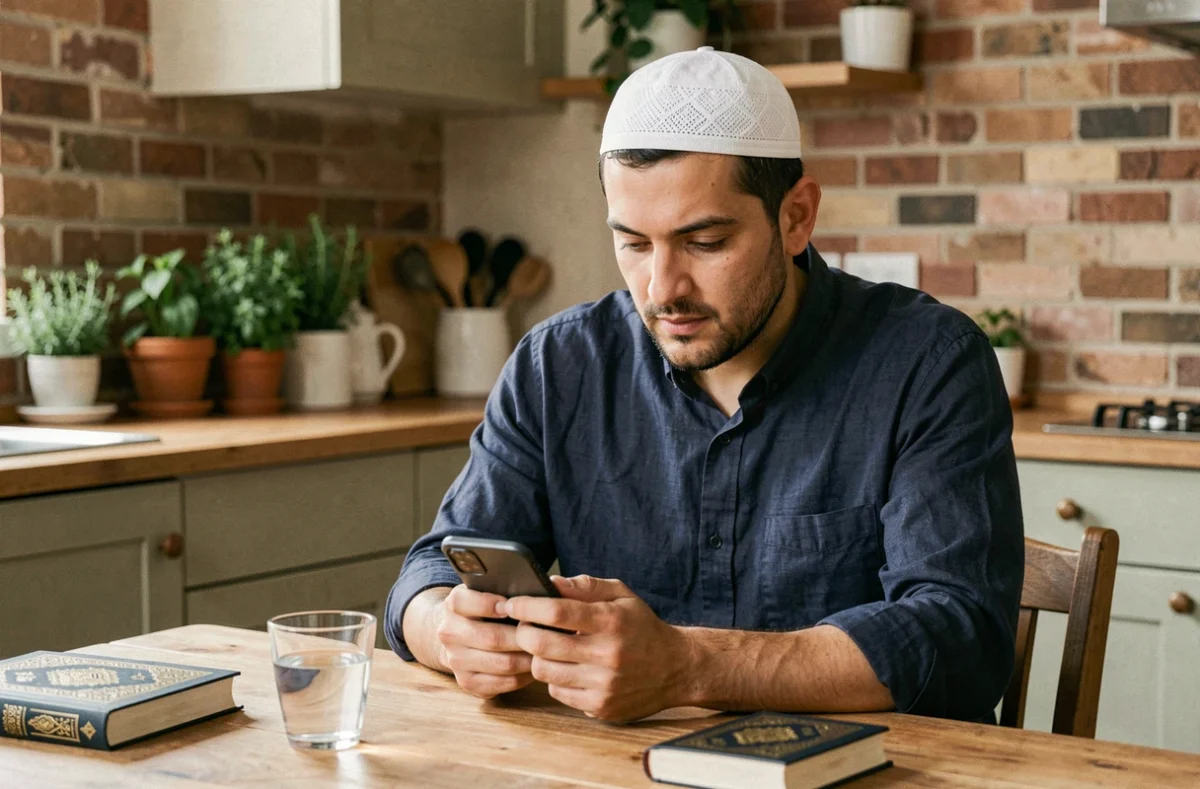 Homme musulman consultant les horaires de salat sur son smartphone dans une cuisine française