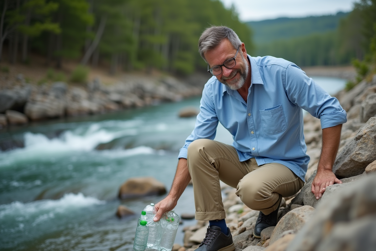 Homme ramasse des bouteilles en plastique sur la rive