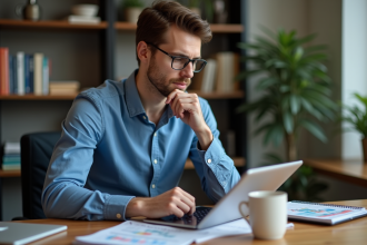 Homme pensif utilisant une tablette avec graphique ETF dans un bureau cosy