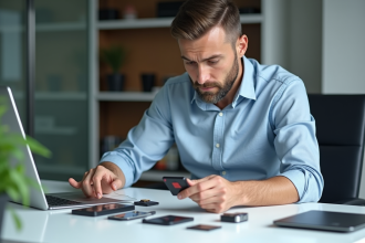 Homme d'affaires organisant des dispositifs de stockage