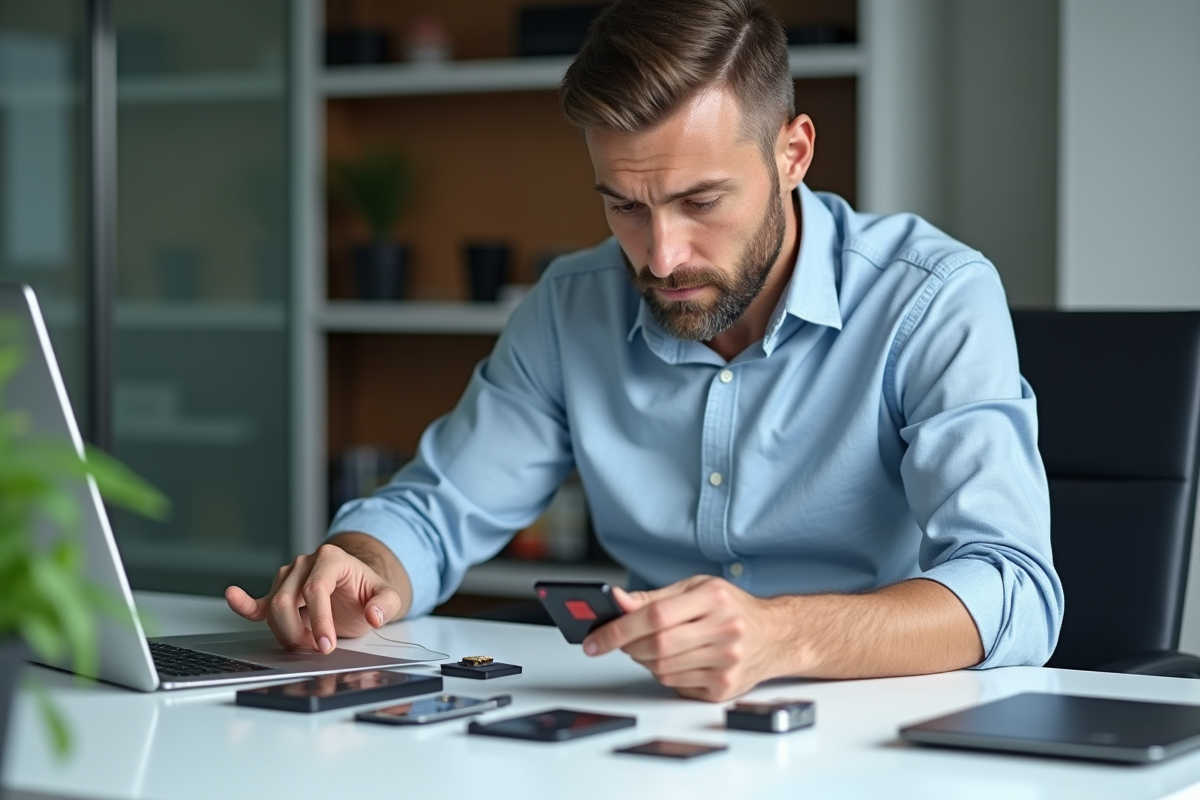 Homme d'affaires organisant des dispositifs de stockage