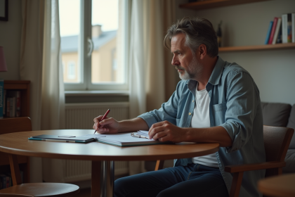 Homme d'âge moyen concentré sur ses documents dans un appartement