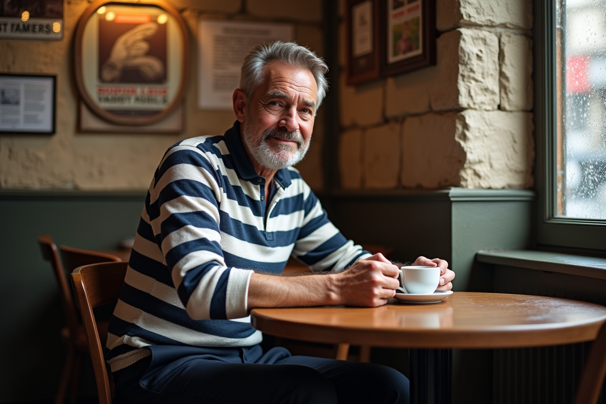 Homme français assis dans un café parisien avec tasse de café