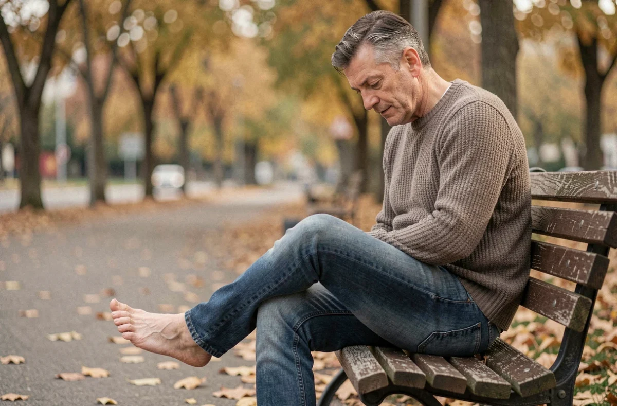 Homme assis sur un banc de parc regardant son pied gauche nu avec curiosité, feuilles d'automne au sol, ambiance contemplative