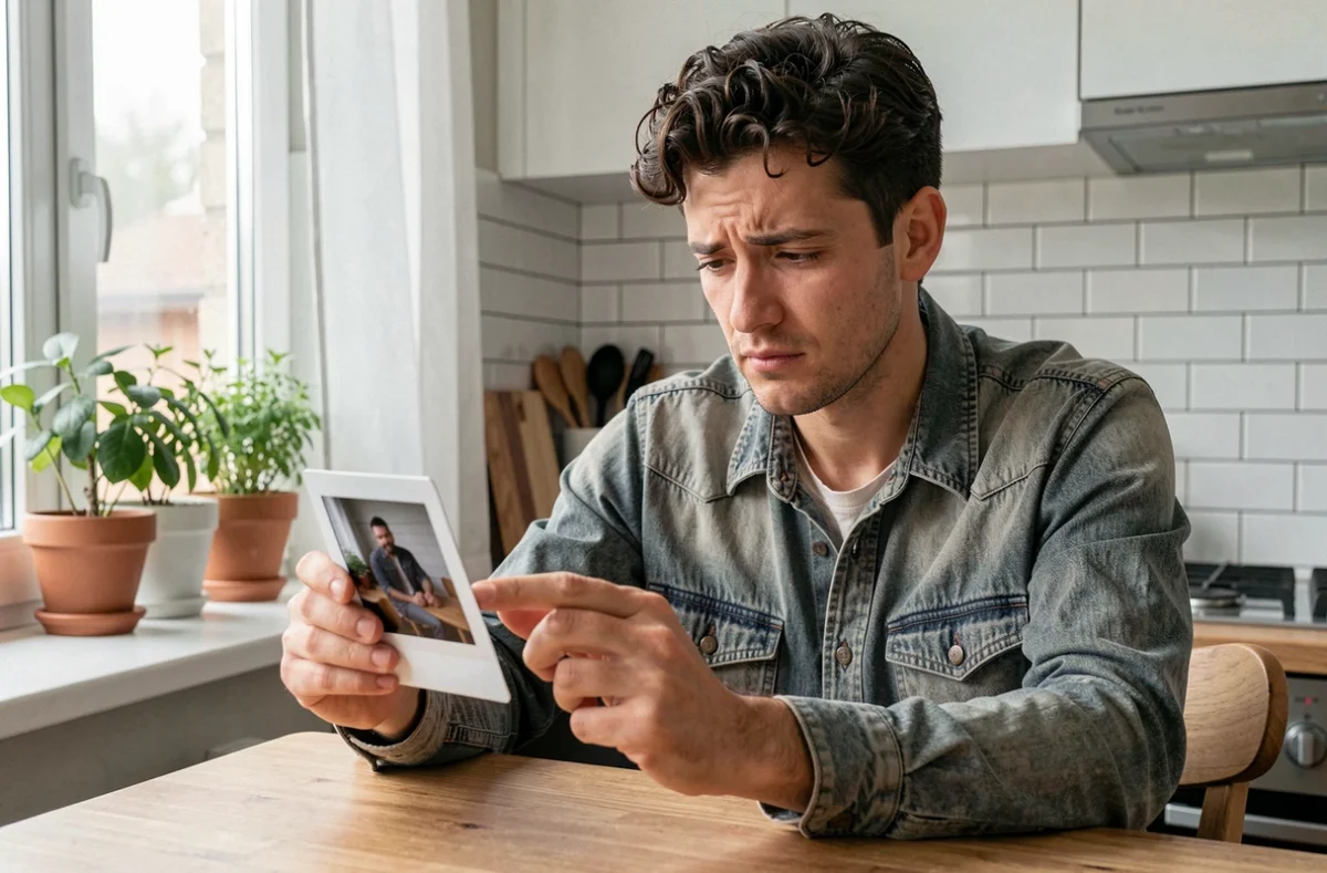 Homme examinant une photo Polaroid en cours de développement dans une cuisine moderne, problème de photo sombre en intérieur