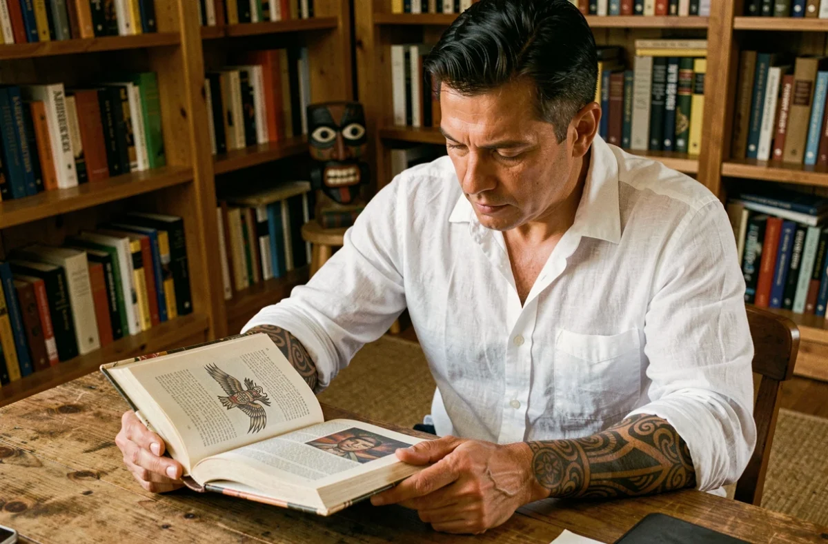Homme polynésien tatoué lisant un livre de référence sur les symboles du tatouage polynésien dans une bibliothèque rustique