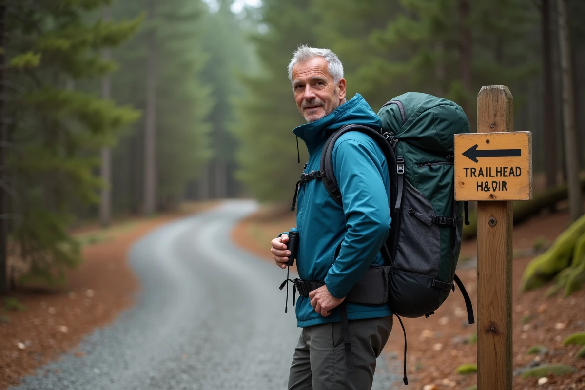 Homme avec sac à dos attachant spray de sécurité au trail