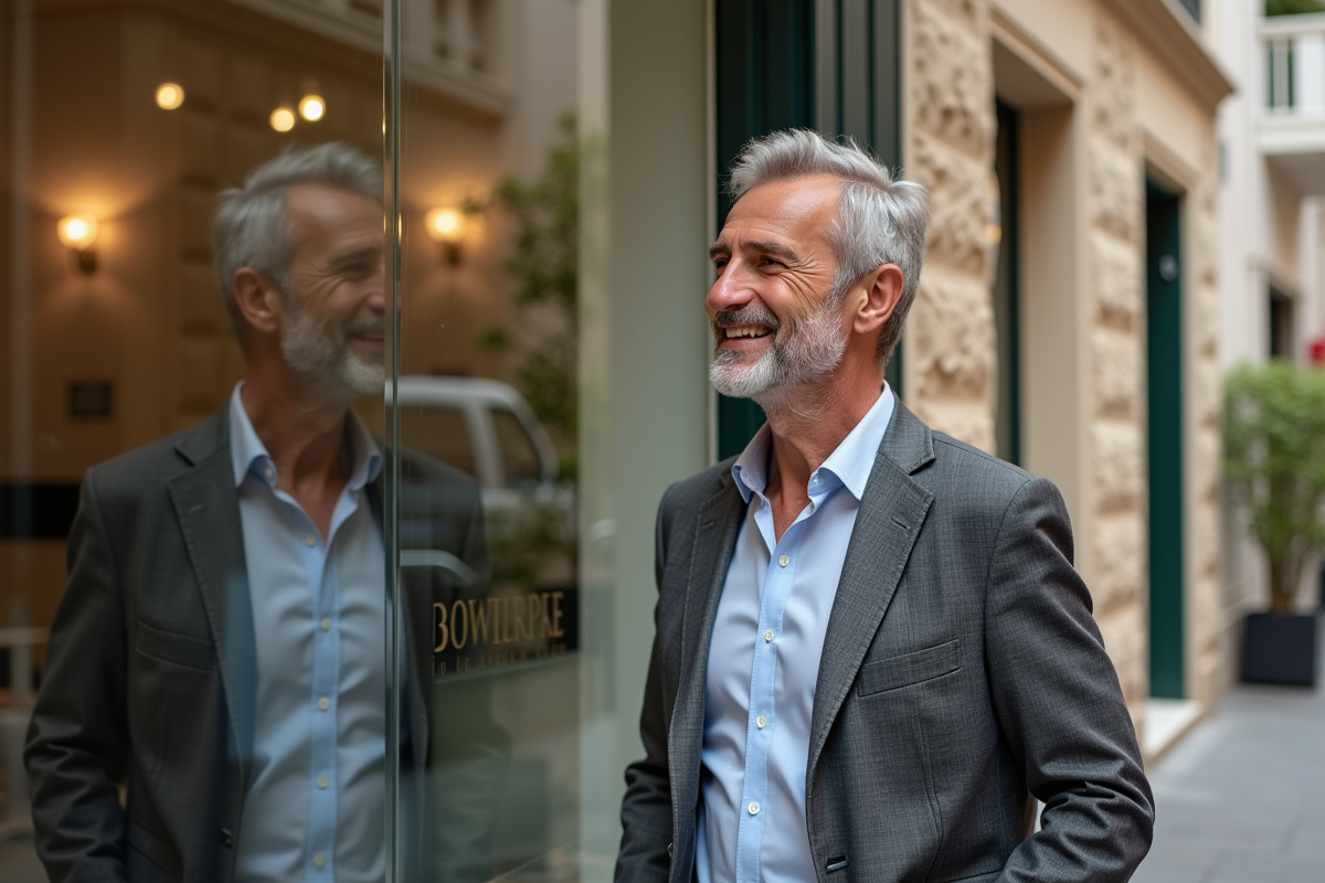 Homme souriant regardant son reflet dans une vitrine à Mille