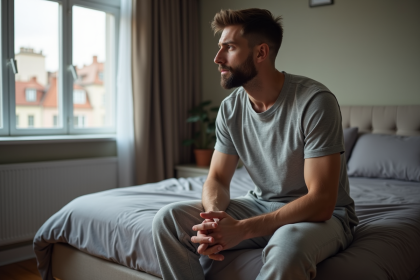 Homme pensif assis au bord du lit dans une chambre moderne