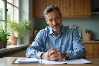 Homme d'âge moyen examinant ses factures dans une cuisine moderne
