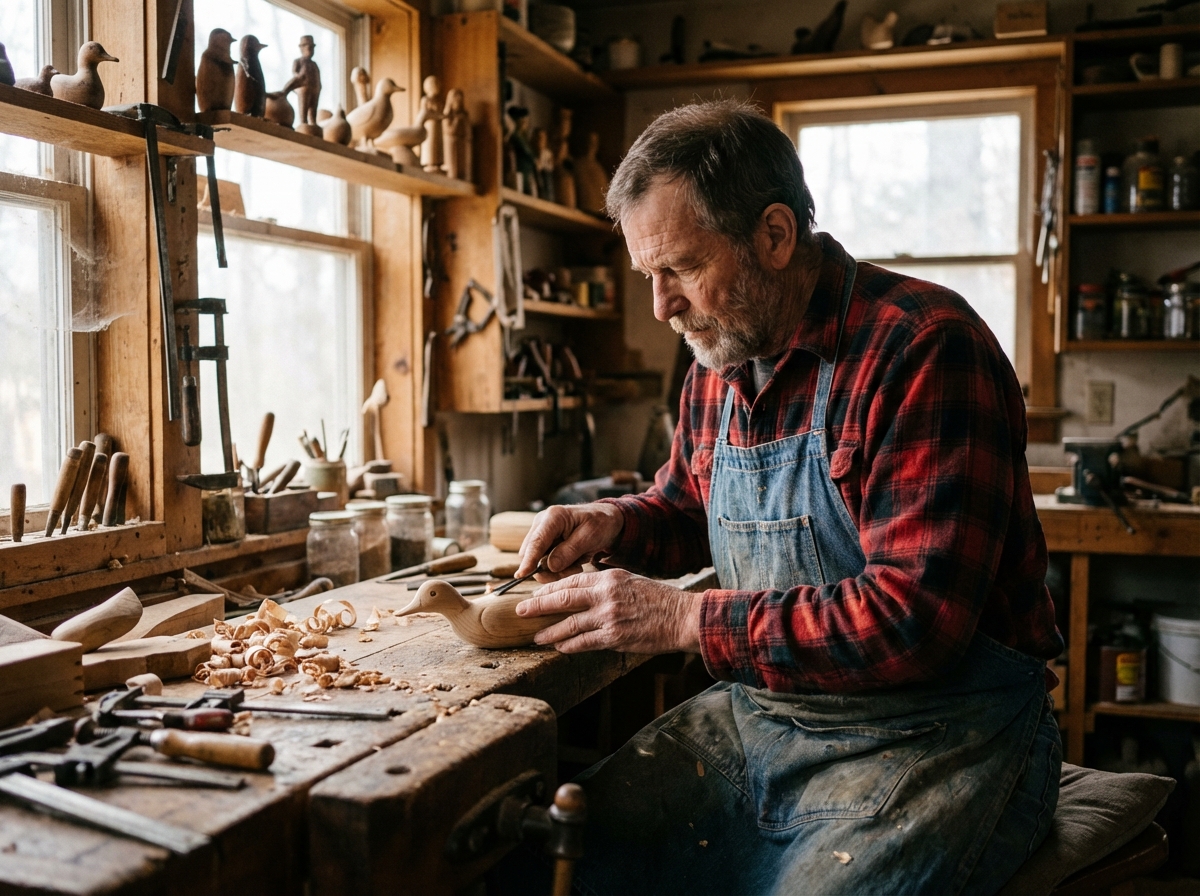 Homme sculptant une petite sculpture en bois dans un atelier rustique