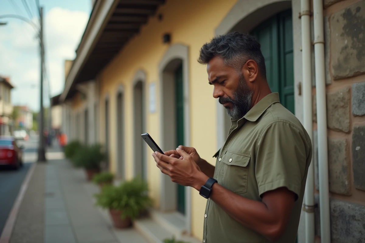 Homme consultant son téléphone pour trouver un code ZIP devant la poste de Port Louis