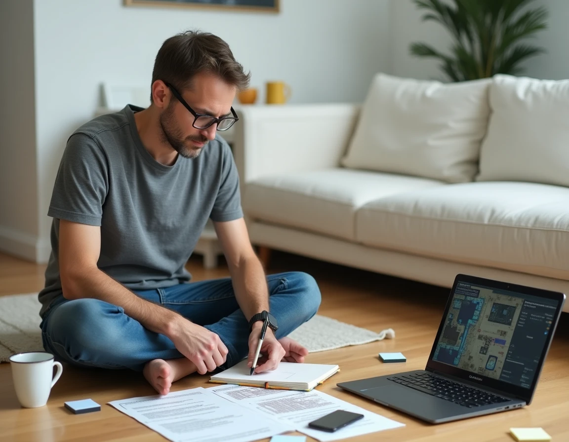 Homme adulte consultant un guide de solution compète pour Rooms et Exit assis par terre dans un salon moderne avec laptop et notes