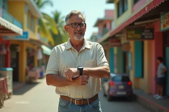 Homme d'âge moyen vérifiant l'heure dans une rue animée de Cayenne