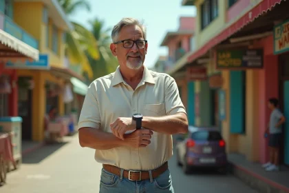 Homme d'âge moyen vérifiant l'heure dans une rue animée de Cayenne