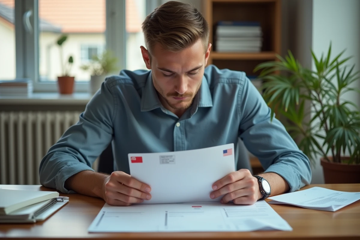 Jeune homme préparant différents types de courrier à son bureau