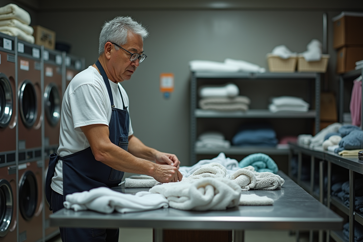 Homme triant des vêtements propres dans un atelier de seconde main