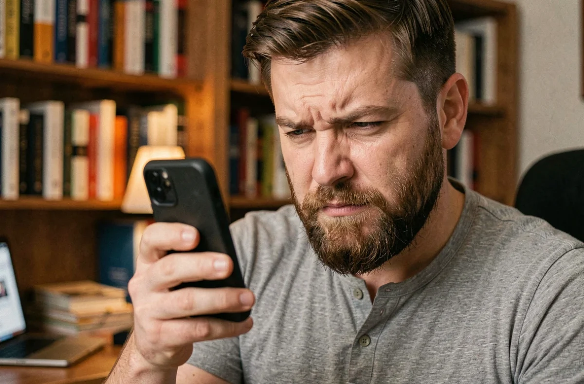 Homme scrutant son smartphone pour vérifier l'authenticité du site Yakriv et éviter les copies frauduleuses