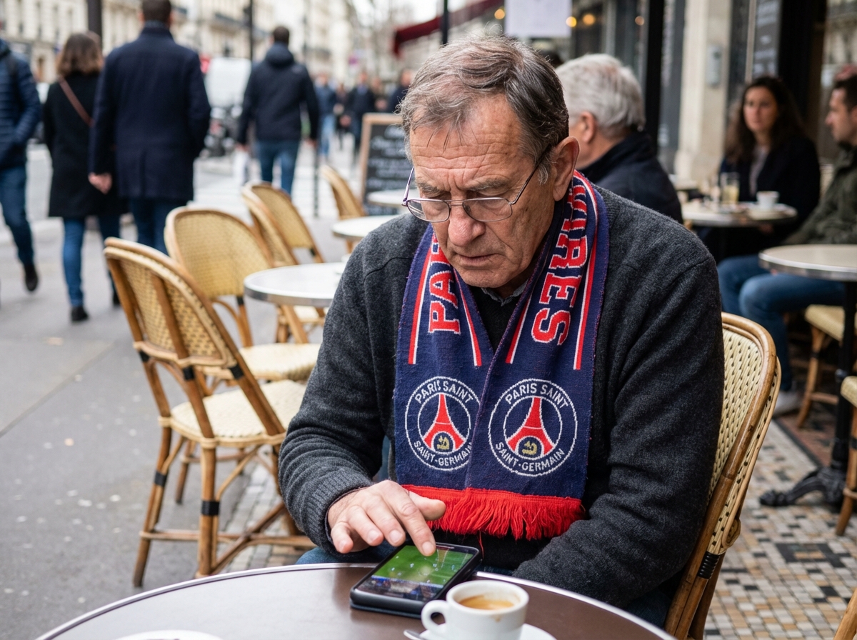 Homme âgé regardant un match PSG sur son smartphone en extérieur