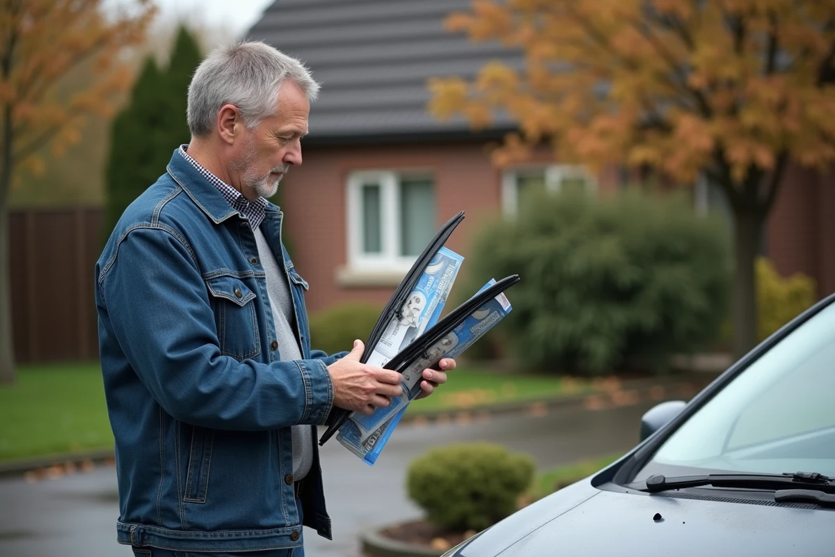 Homme inspectant deux balais d'essuie-glace devant sa voiture