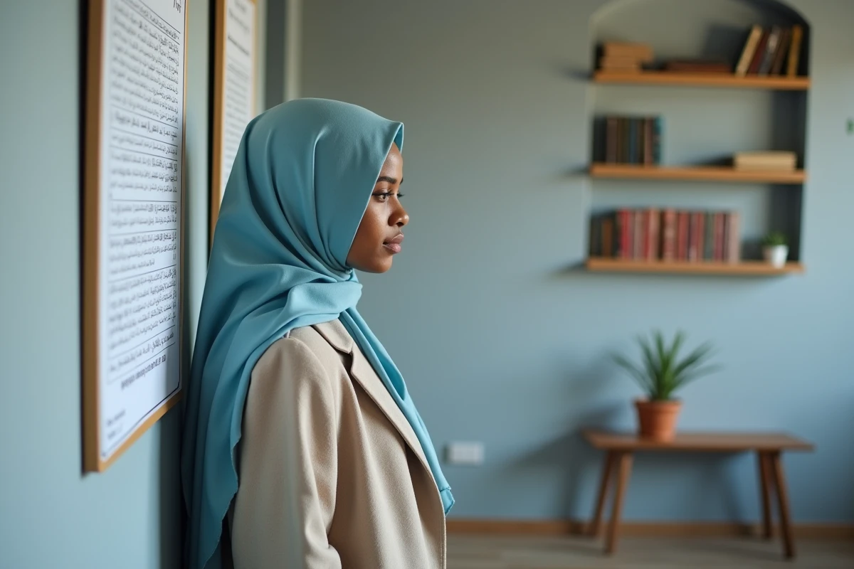 Femme portant un hijab consultant les horaires de prière dans une salle associative à Échirolles