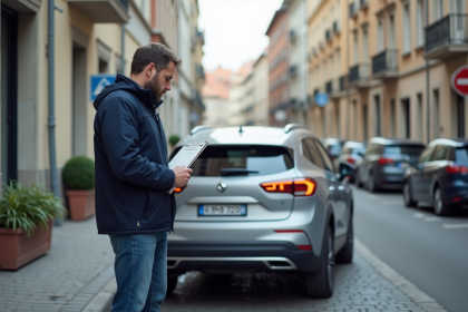 Ingénieur automobile observant une voiture en ville
