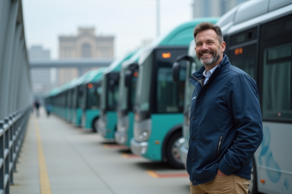 Ingénieur inspectant des bus à hydrogene dans un depot urbain
