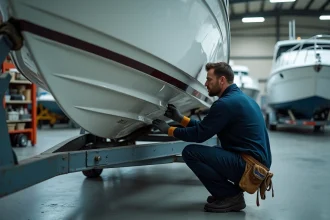 Technicien marin inspectant la coque d'un bateau à moteur lors d'un hivernage en atelier nautique