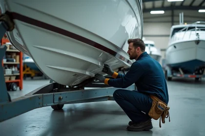 Technicien marin inspectant la coque d'un bateau à moteur lors d'un hivernage en atelier nautique
