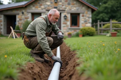 Homme inspectant des tuyaux en campagne rurale