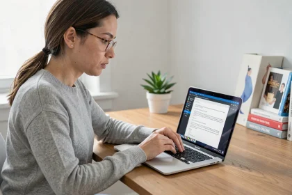 Femme lisant attentivement un contrat de licence logicielle sur son ordinateur portable dans un bureau à domicile