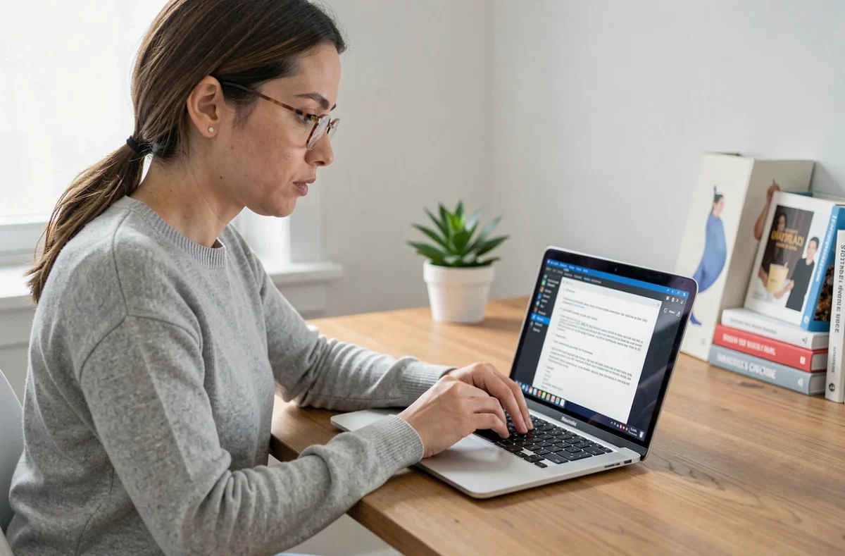 Femme lisant attentivement un contrat de licence logicielle sur son ordinateur portable dans un bureau à domicile