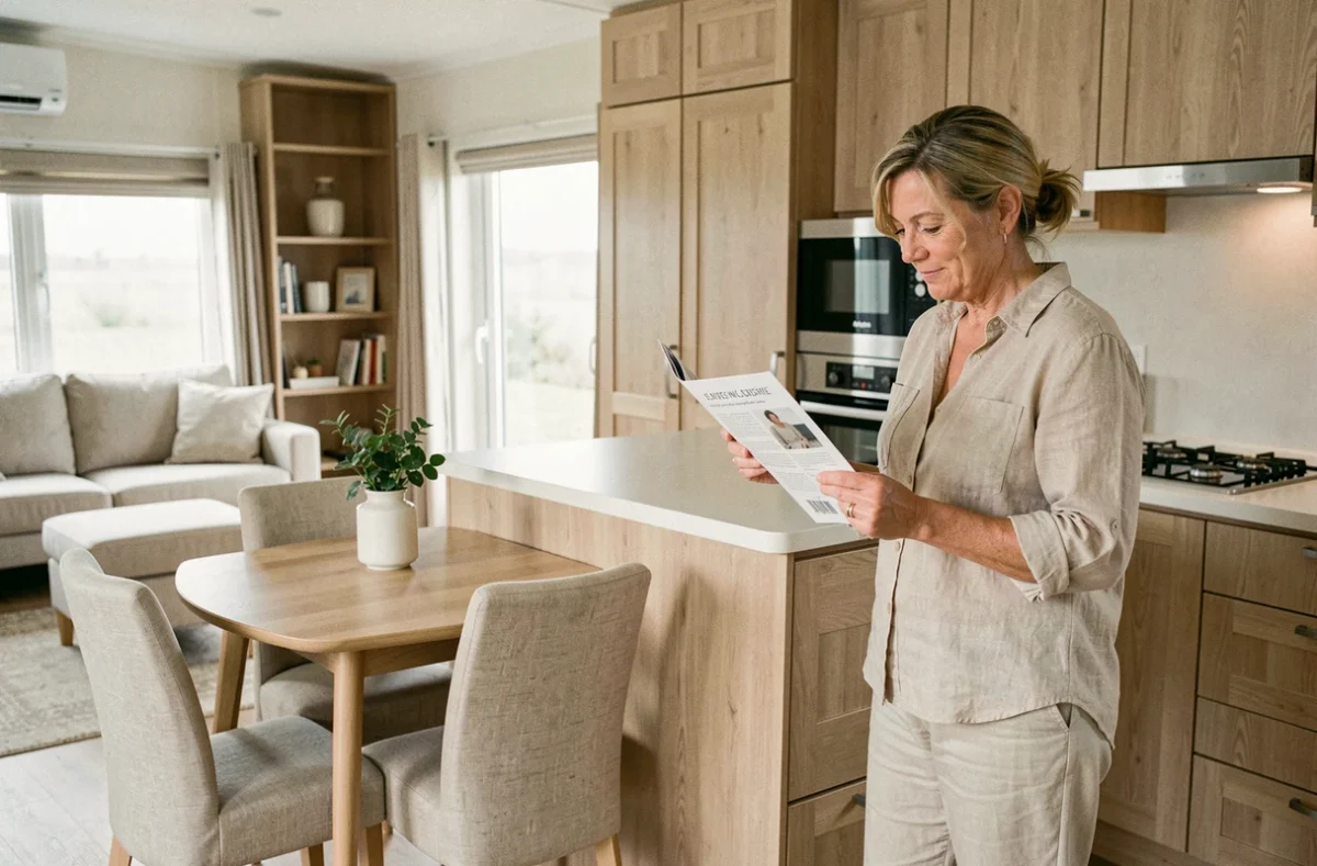 Intérieur contemporain d'un mobil-home français avec cuisine équipée en chêne clair et espace de vie ouvert