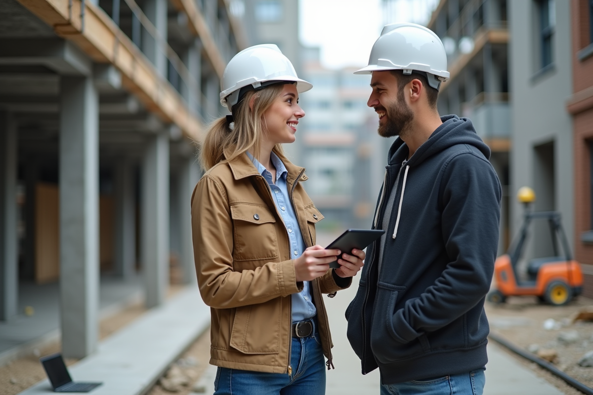 Jeune architecte discutant sur un chantier urbain