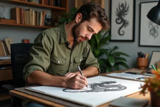 Jeune artiste en train de dessiner un dragon puissant