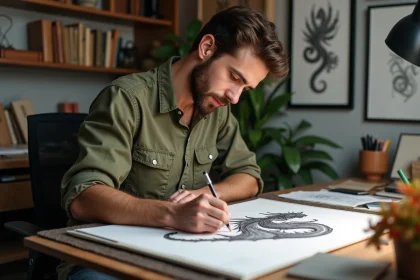 Jeune artiste en train de dessiner un dragon puissant