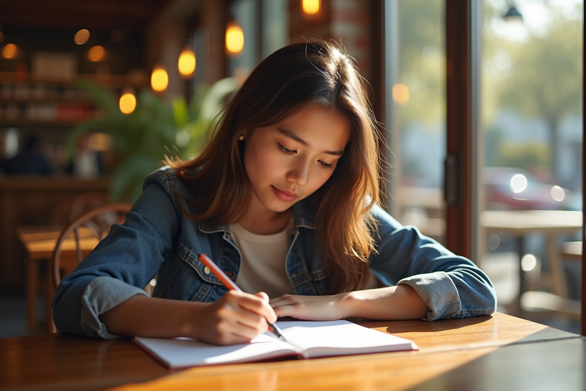 Jeune adulte étudiant avec notes manuscrites sur une table de café