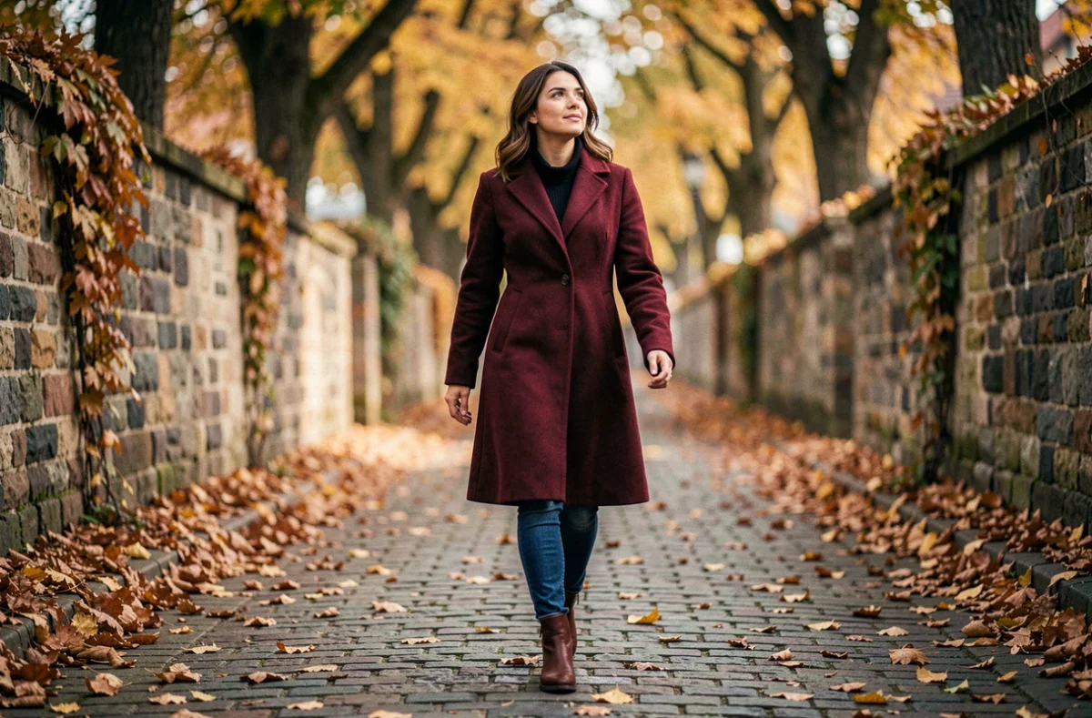 Jeune femme en manteau bordeaux marchant avec assurance sur une rue pavée en automne, symbolisant l'audace et la confiance personnelle
