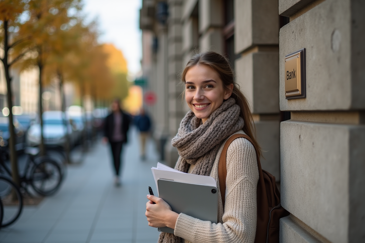 Jeune femme souriante devant une banque classique en extérieur