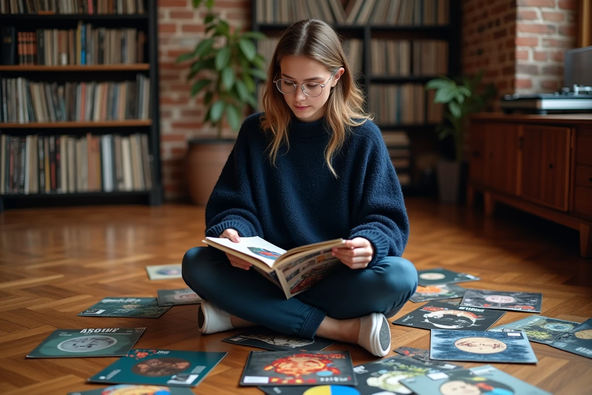 Jeune femme collectionnant des vinyles rares entourée de pochettes de disques dans un appartement vintage