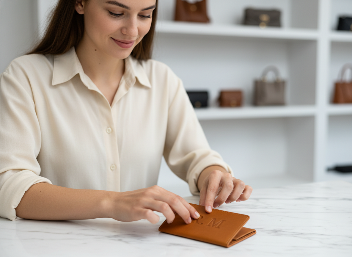 Jeune femme inspectant des initiales embossées sur cuir