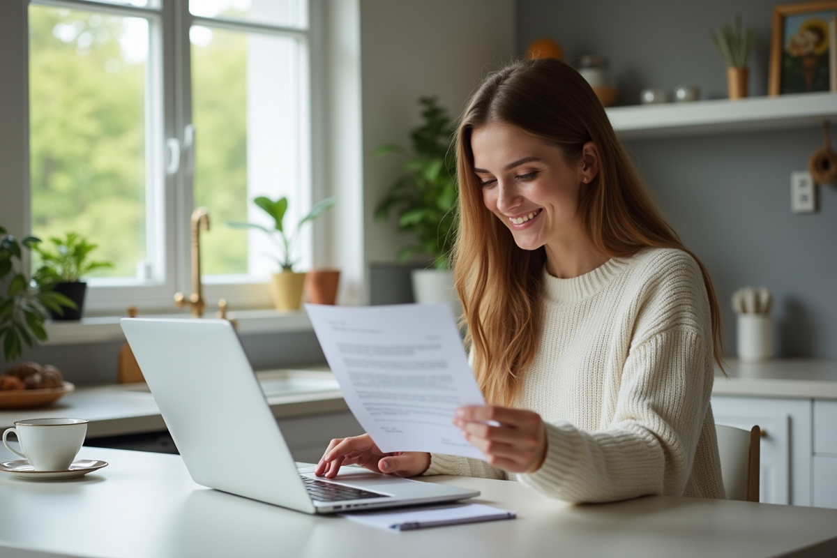 Jeune femme souriante vérifiant un courrier dans la cuisine
