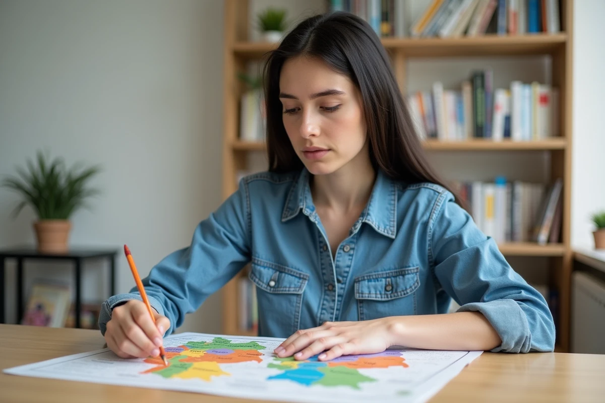 Jeune femme étudie une carte de l'Allemagne dans un intérieur