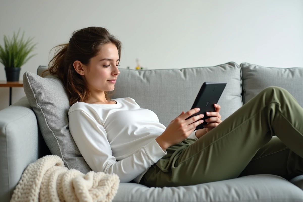 Jeune femme allongée sur un canapé lisant un roman numérique sur une liseuse e-ink dans un appartement moderne