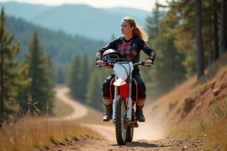 Jeune femme en motocross admire paysage forestier aventure